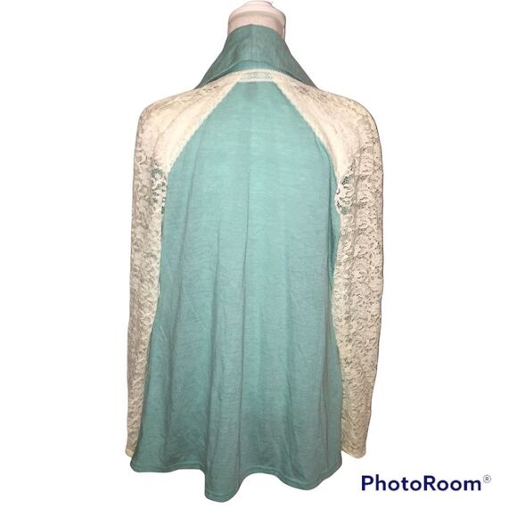 Cream Lace & Mint Green Jacket Medium Open Front Cardigan Jacket Spring - Picture 2 of 9